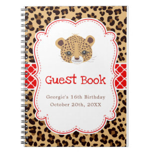 Leopard Print Red Quatrefoil Birthday Guest Book