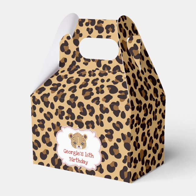Leopard Print Red Quatrefoil Birthday Party Favour Box (Front Side)