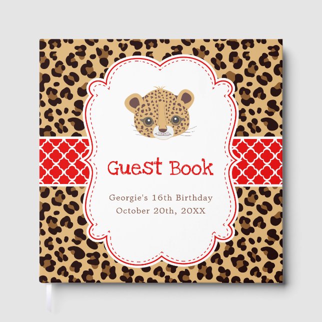 Leopard Print Red Quatrefoil Birthday Party Guest Book (Front)