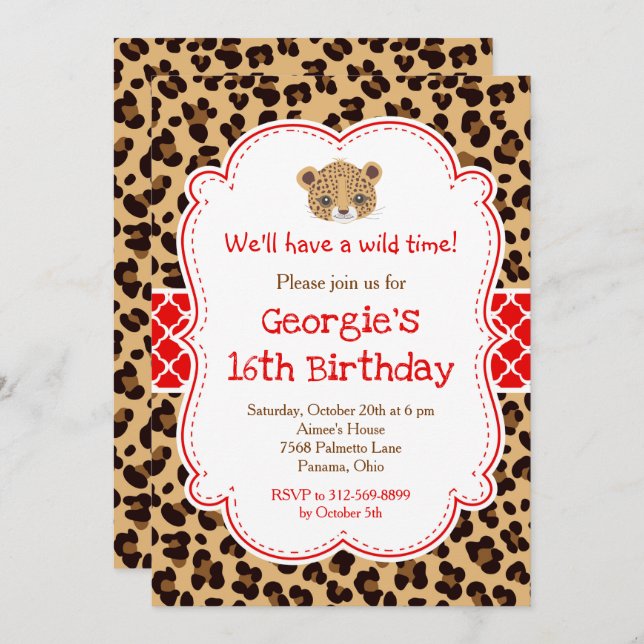 Leopard Print Red Quatrefoil Birthday Party Invitation (Front/Back)