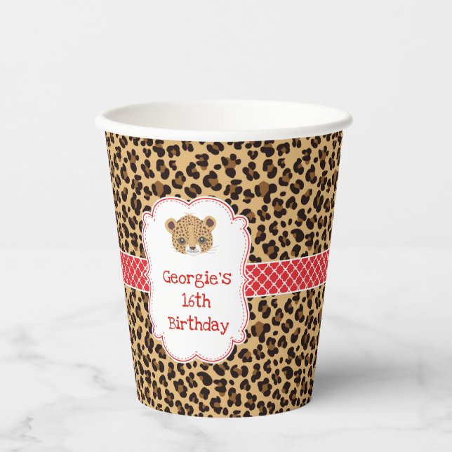 Leopard Print Red Quatrefoil Birthday Party Paper Cups (Front)