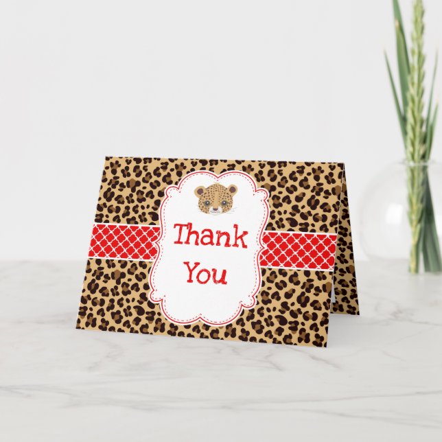Leopard Print Red Quatrefoil Birthday 'Thank You' Thank You Card (Front)