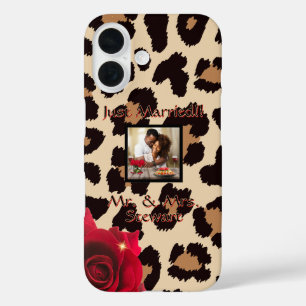 Leopard Print Red Rose Mr. and Mrs. Text Photo iPhone 16 Case