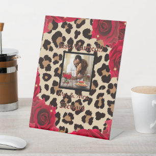 Leopard Print Red Rose Mr. and Mrs. Text Photo  Pedestal Sign