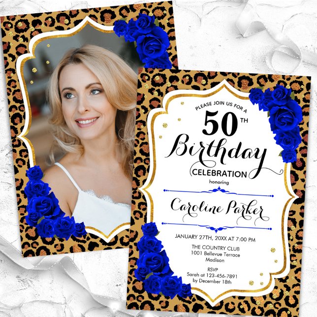 Leopard Print Royal Blue Photo 50th Birthday Invitation (Creator Uploaded)