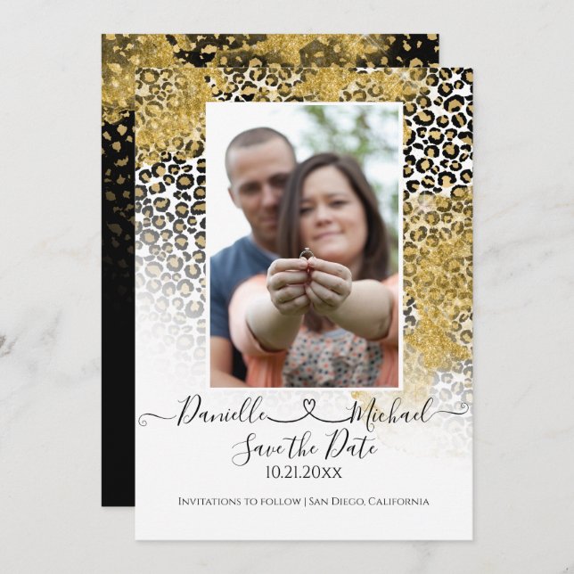 Leopard Print Script Heart Gold Glitter Save The Date (Front/Back)