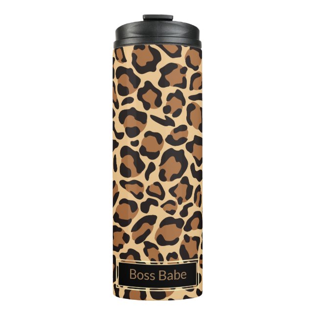 Leopard Print Seamless Pattern Custom Name Thermal Tumbler (Front)