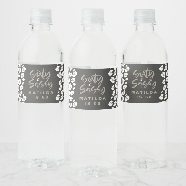 Leopard print sixty and sassy 60th birthday favour water bottle label (Bottles)