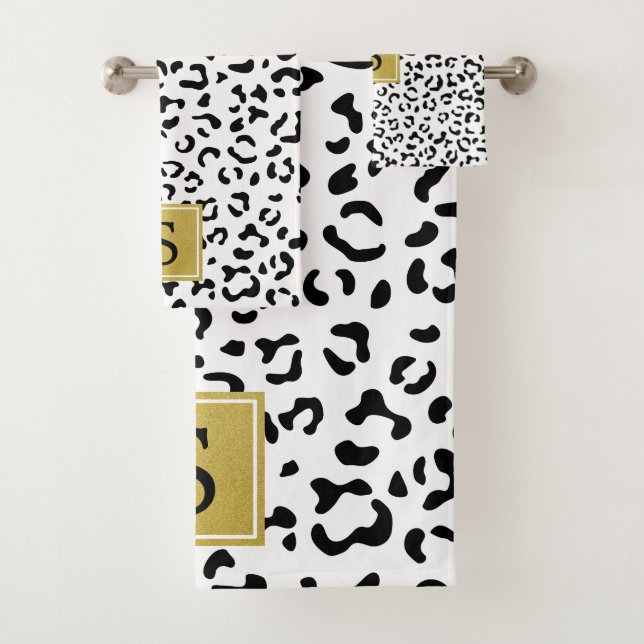 Leopard Print, Spots, Black And White, Monogram Bath Towel Set (Insitu)