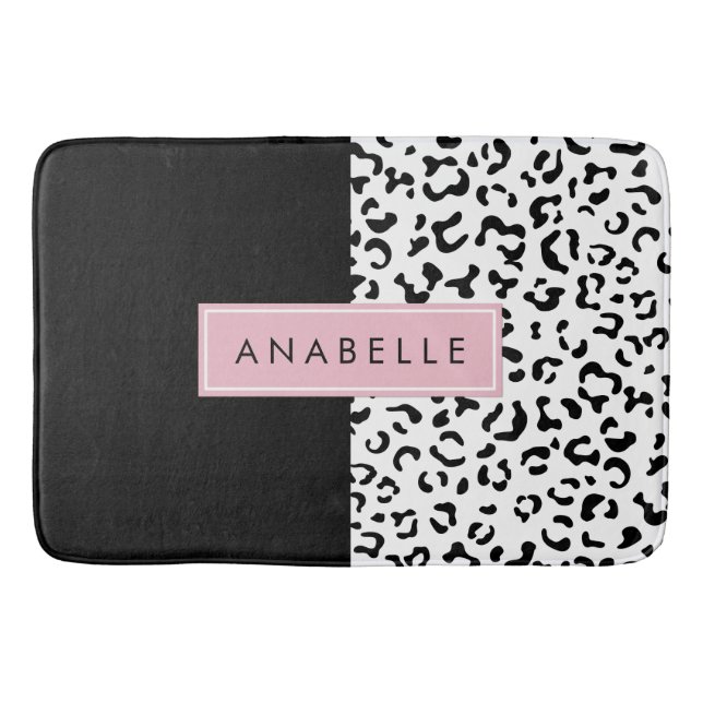 Leopard Print, Spots, Black And White, Your Name Bath Mat (Front)