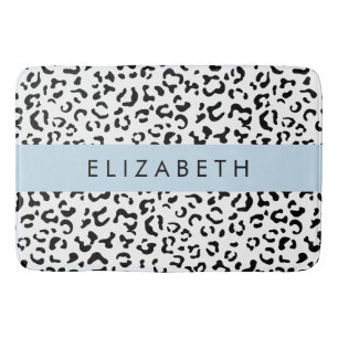 Leopard Print, Spots, Black And White, Your Name Bath Mat