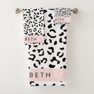 Leopard Print, Spots, Black And White, Your Name Bath Towel Set