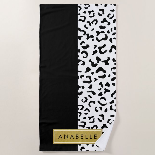Leopard Print, Spots, Black And White, Your Name Beach Towel (Front)