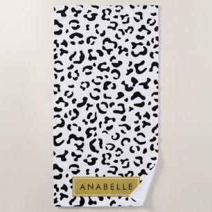 Leopard Print, Spots, Black And White, Your Name Beach Towel