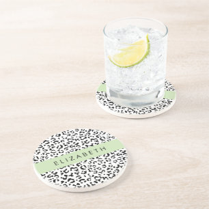 Leopard Print, Spots, Black And White, Your Name Coaster