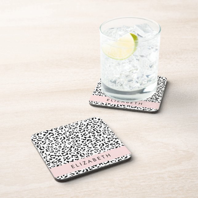 Leopard Print, Spots, Black And White, Your Name Coaster (Right Side)