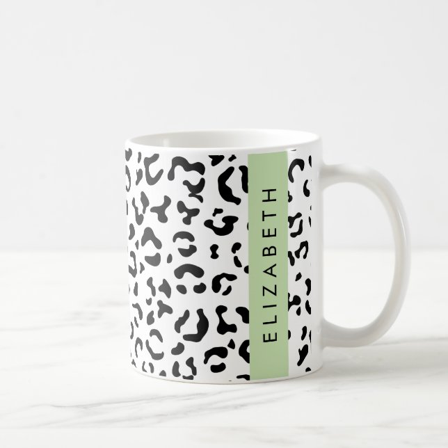 Leopard Print, Spots, Black And White, Your Name Coffee Mug (Right)