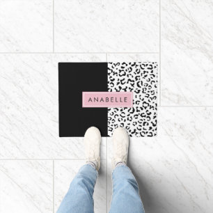 Leopard Print, Spots, Black And White, Your Name Doormat