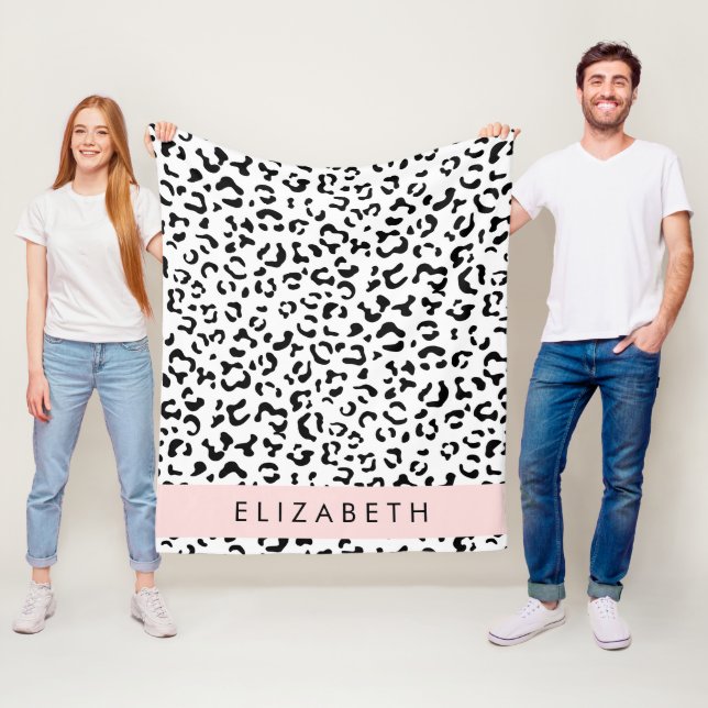Leopard Print, Spots, Black And White, Your Name Fleece Blanket (In Situ)