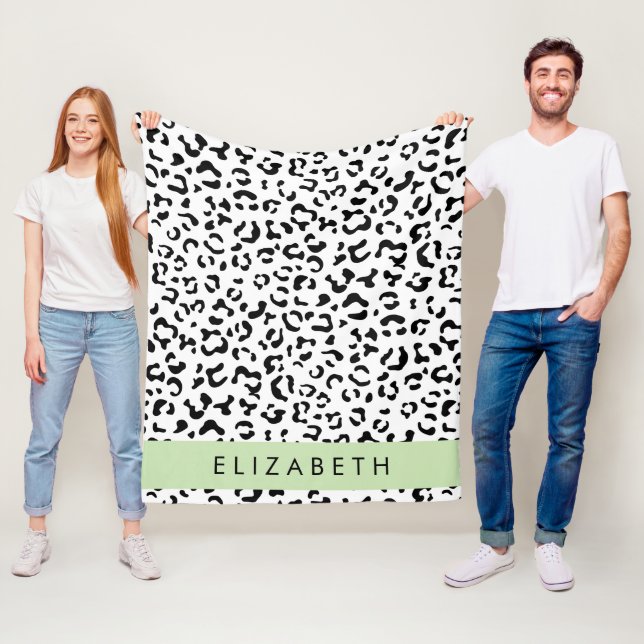 Leopard Print, Spots, Black And White, Your Name Fleece Blanket (In Situ)