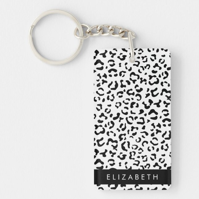 Leopard Print, Spots, Black And White, Your Name Key Ring (Front)