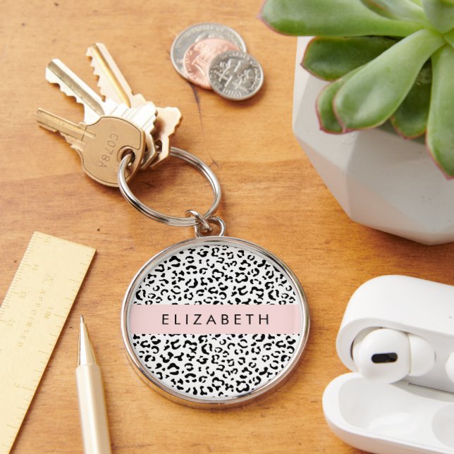 Leopard Print, Spots, Black And White, Your Name Key Ring (Desk)