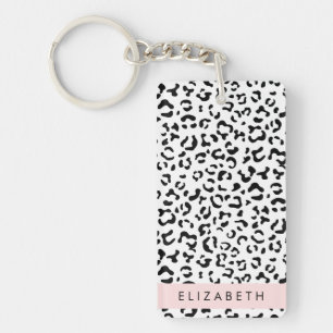 Leopard Print, Spots, Black And White, Your Name Key Ring