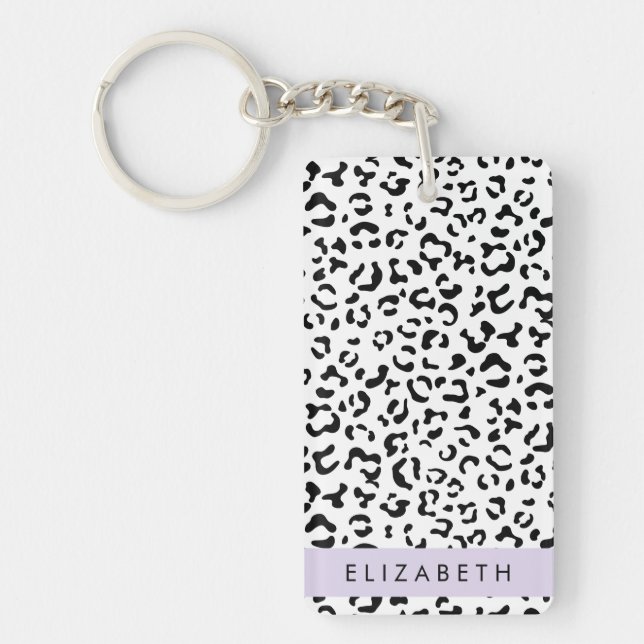 Leopard Print, Spots, Black And White, Your Name Key Ring (Front)