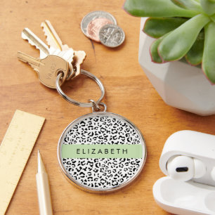 Leopard Print, Spots, Black And White, Your Name Key Ring