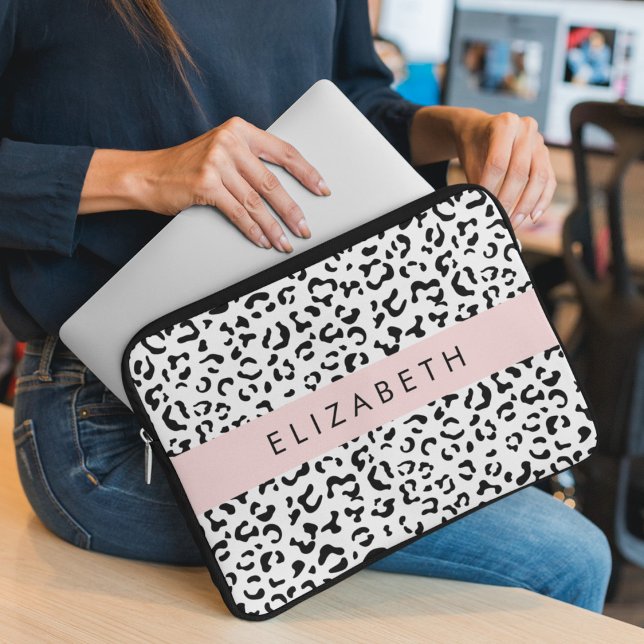 Leopard Print, Spots, Black And White, Your Name Laptop Sleeve (Creator Uploaded)