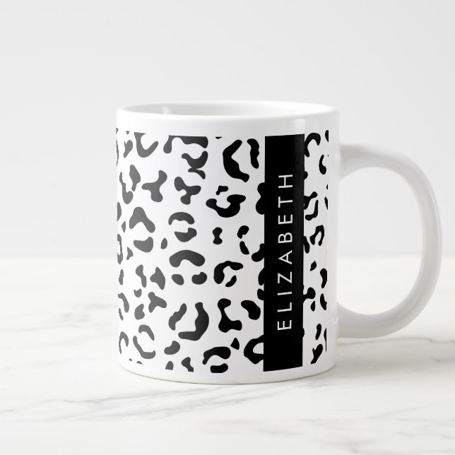 Leopard Print, Spots, Black And White, Your Name Large Coffee Mug (Right)