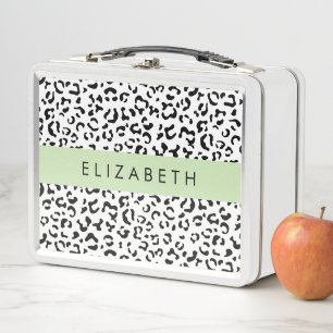 Leopard Print, Spots, Black And White, Your Name Metal Lunch Box