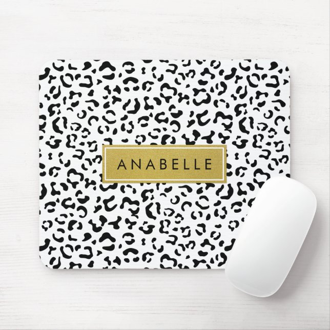 Leopard Print, Spots, Black And White, Your Name Mouse Pad (With Mouse)