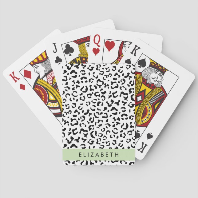 Leopard Print, Spots, Black And White, Your Name Playing Cards (Back)