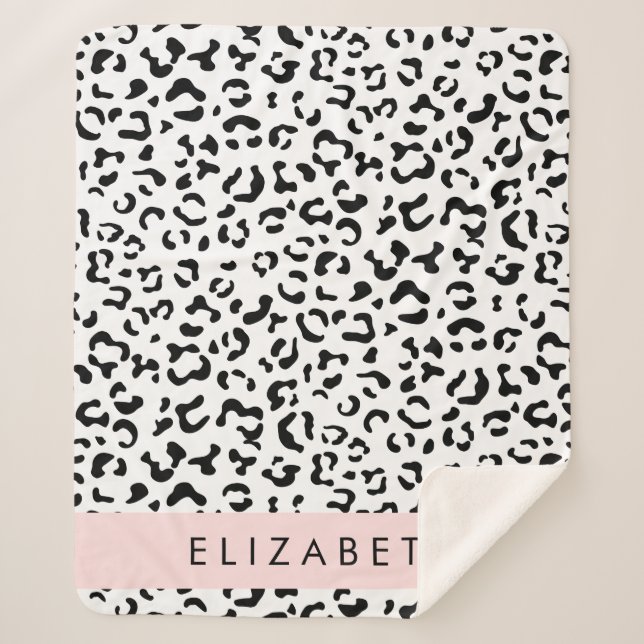 Leopard Print, Spots, Black And White, Your Name Sherpa Blanket (Front)