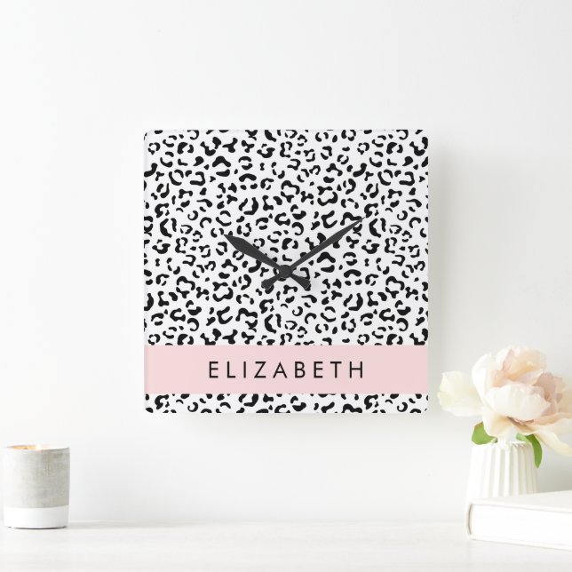 Leopard Print, Spots, Black And White, Your Name Square Wall Clock (Home)