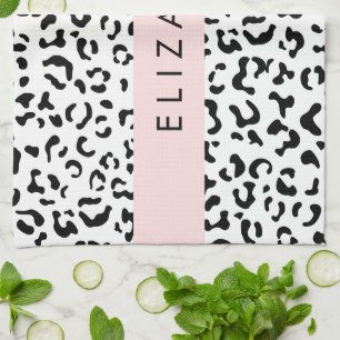 Leopard Print, Spots, Black And White, Your Name Tea Towel