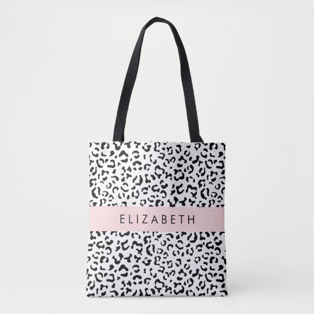 Leopard Print, Spots, Black And White, Your Name Tote Bag (Front)