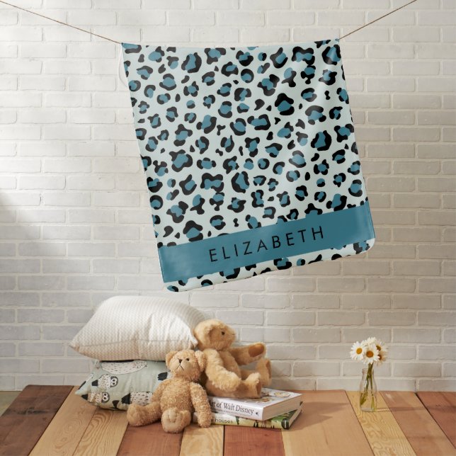 Leopard Print, Spots, Blue Leopard, Your Name Baby Blanket (In Situ)