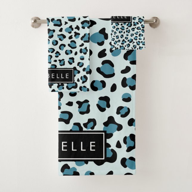 Leopard Print, Spots, Blue Leopard, Your Name Bath Towel Set (Insitu)
