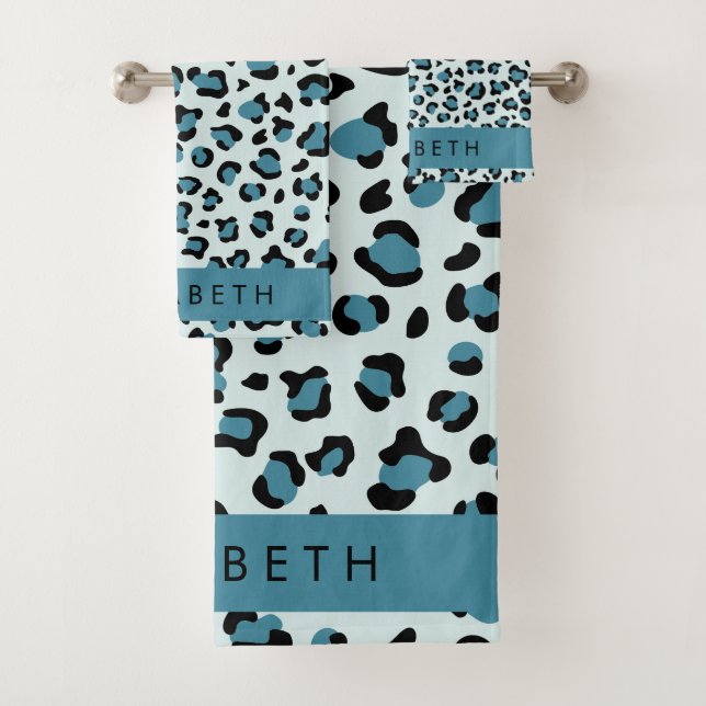 Leopard Print, Spots, Blue Leopard, Your Name Bath Towel Set (Insitu)