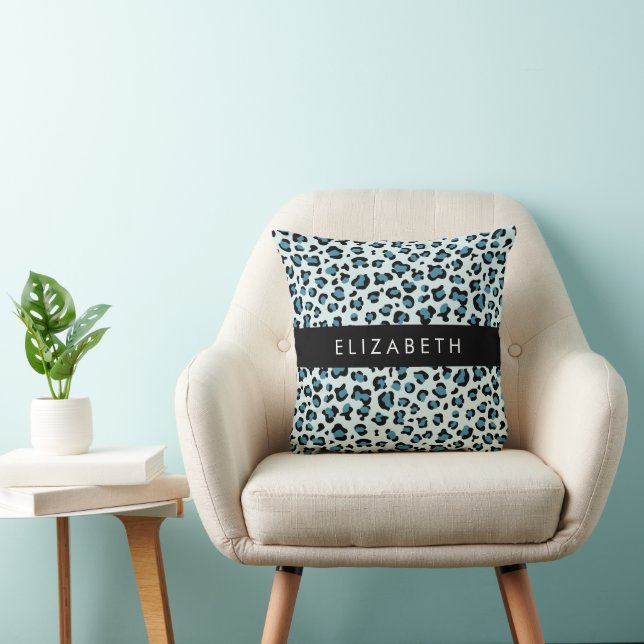 Leopard Print, Spots, Blue Leopard, Your Name Cushion (Chair)