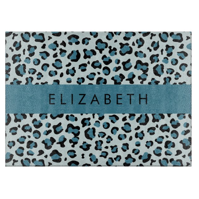 Leopard Print, Spots, Blue Leopard, Your Name Cutting Board (Front)