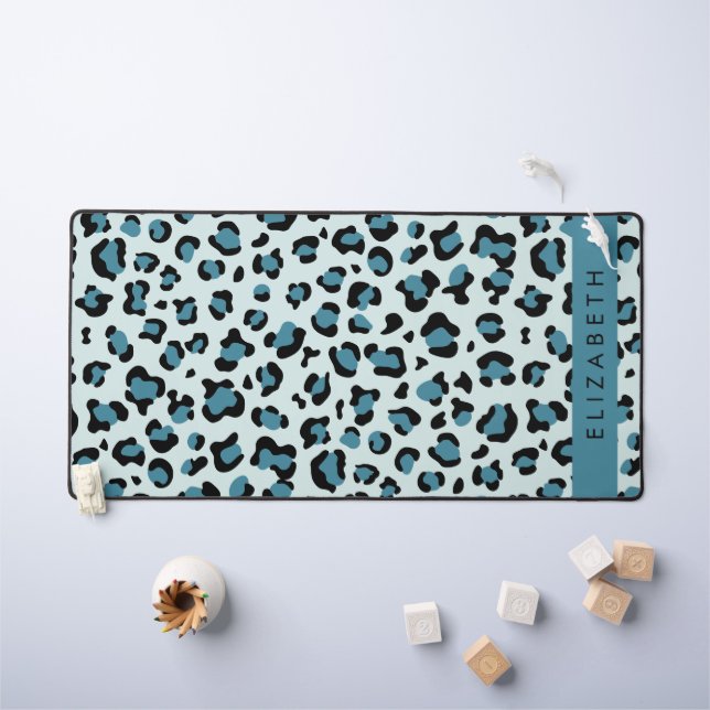 Leopard Print, Spots, Blue Leopard, Your Name Desk Mat (Kids Table)