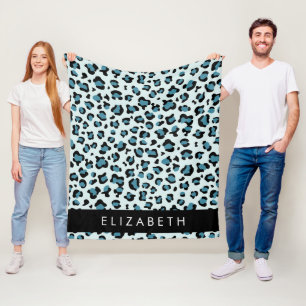 Leopard Print, Spots, Blue Leopard, Your Name Fleece Blanket