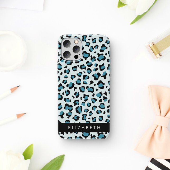Leopard Print, Spots, Blue Leopard, Your Name iPhone 16 Case (Creator Uploaded)