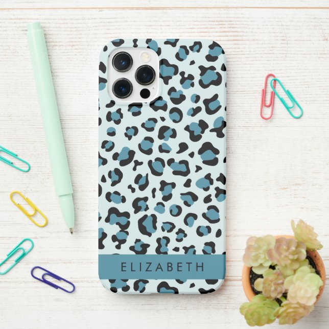 Leopard Print, Spots, Blue Leopard, Your Name iPhone Case (On Desk)