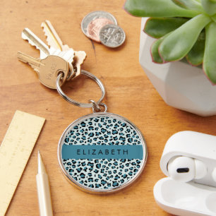 Leopard Print, Spots, Blue Leopard, Your Name Key Ring