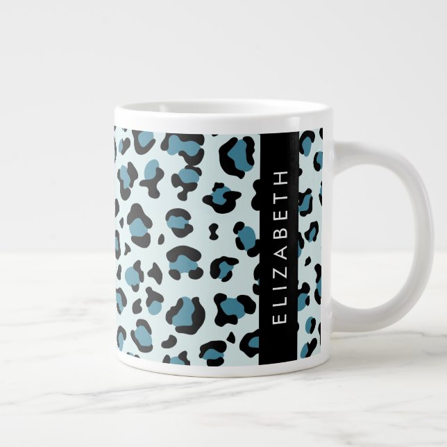 Leopard Print, Spots, Blue Leopard, Your Name Large Coffee Mug (Right)