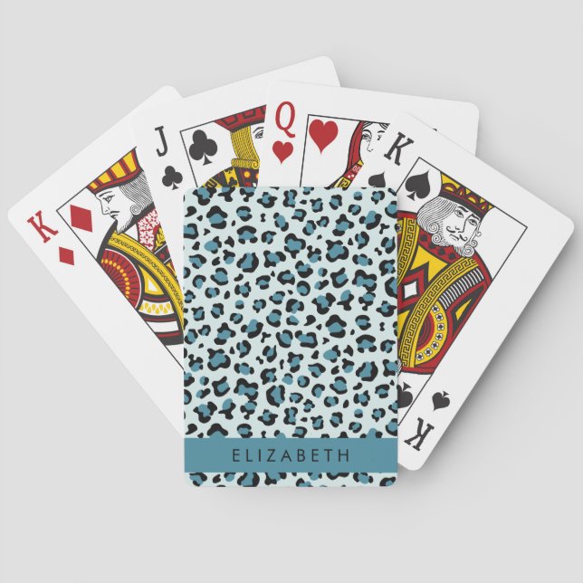 Leopard Print, Spots, Blue Leopard, Your Name Playing Cards (Back)